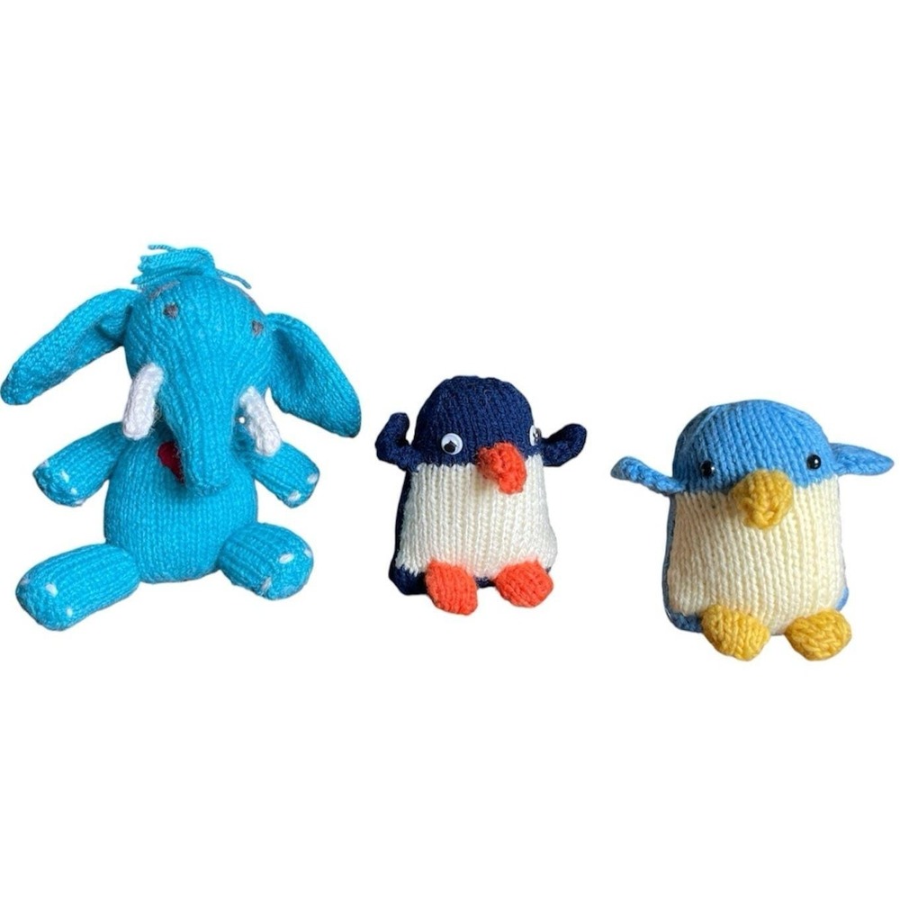 Handmade Blue Toys Knit Elephant Two Baby Penguins Set of Three Stuffed Animals